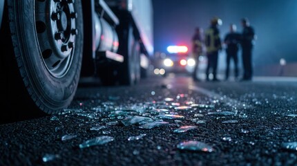 Naklejka premium Truck accident lawyer and legal injury claim concept shown through a close up of broken glass and a truck wheel at a nighttime crash scene.