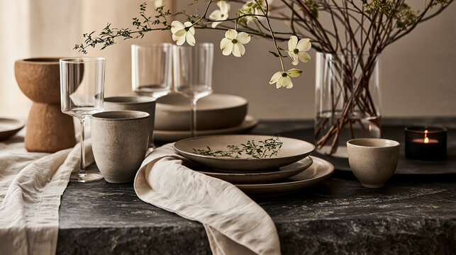 Contemporary stoneware tableware set for a wabi sabi dining experience in neutral tones, featuring blossom branches and a lit candle