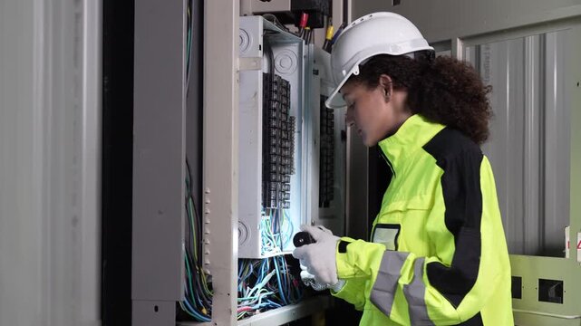 Female electrician inspecting electrical panel in industrial plant, woman engineer in hardhat checking electrical fuse box in factory, technician inspecting wiring and circuit breaker in control room