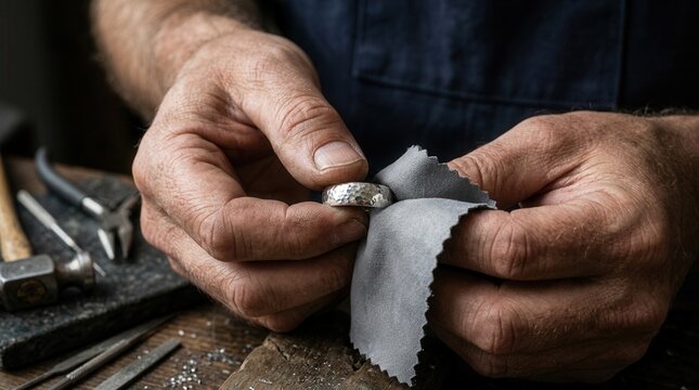 Artisan at work polishing a silver ring to achieve a shiny finish in a professional workshop.