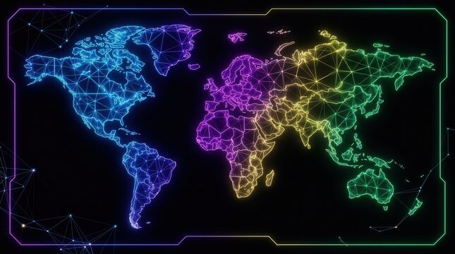 A sleek sci-fi interface with bright neon routes pulsing between cities on a glowing world map of interconnected regions