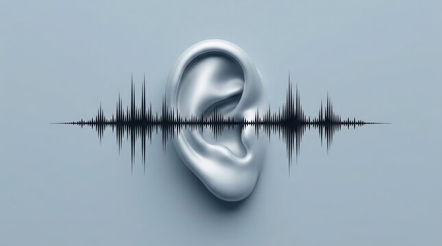 Sound waveform and stylized ear symbolizing cochlear implant evaluation, auditory diagnosis, and hearing screening.