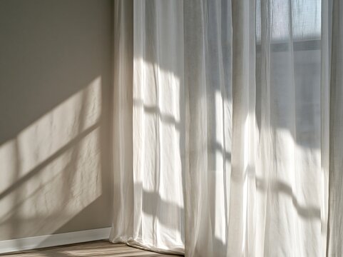 Bright sunlight through white curtains on wall in modern room interior