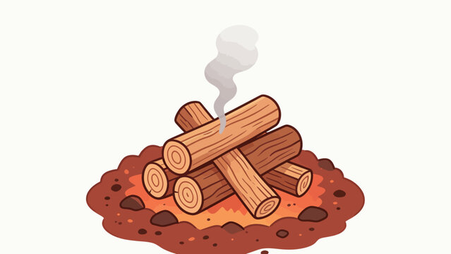 Cartoon Style Illustration of Smoldering Wood Logs and Campfire Embers on White Background
