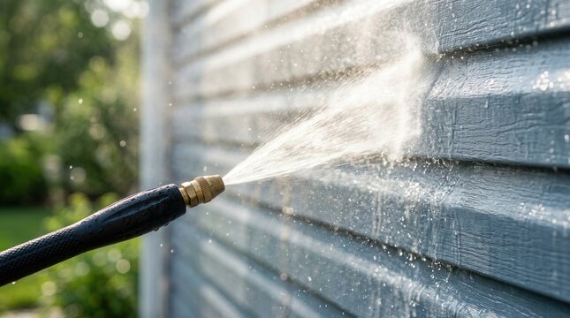 House siding being cleaned with a pressure washer nozzle spraying water to remove grime and dirt from the exterior panel.