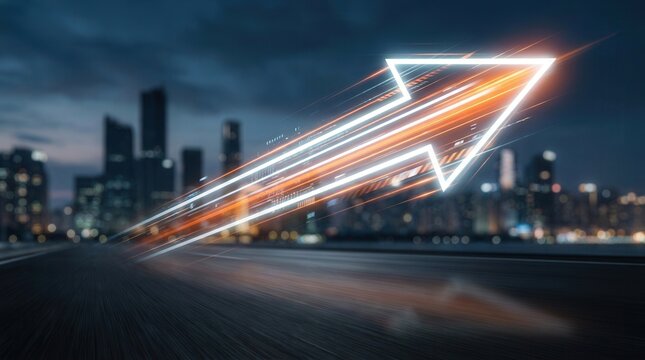 Strategic change, speed, and data-driven direction illustrated by an abstract arrow of light over a blurred cityscape for business transformation.