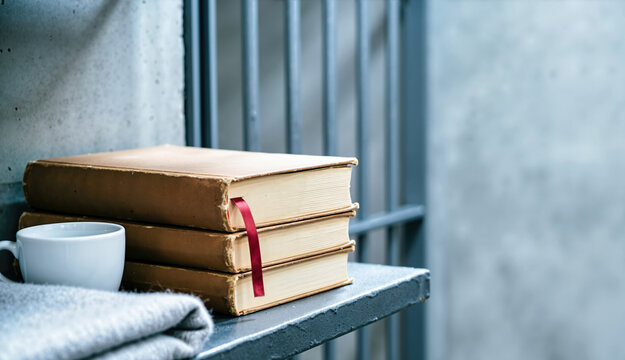 Stack of old books with a red ribbon bookmark on a metal shelf in a prison cell. White mug and blanket next to vertical steel bars and concrete wall