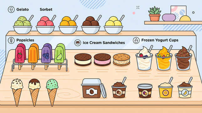 Organized collection of frozen desserts including gelato, sorbet, popsicles, ice cream sandwiches, and frozen yogurt cups, clean commercial layout, minimalist 2d flat, World Ice Cream Day