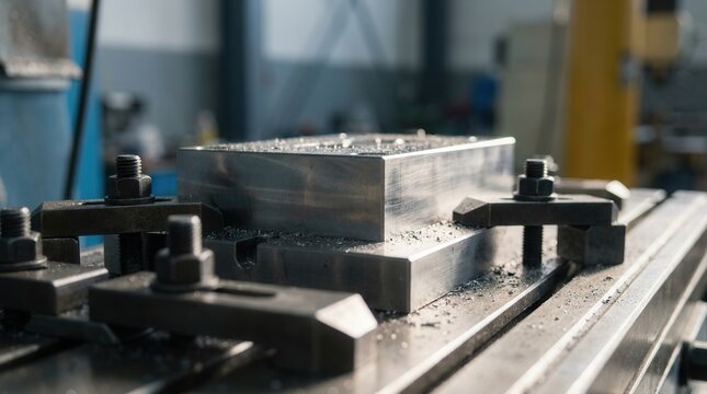 Precision machining in an industrial workshop with a close-up view of a metal stamping die