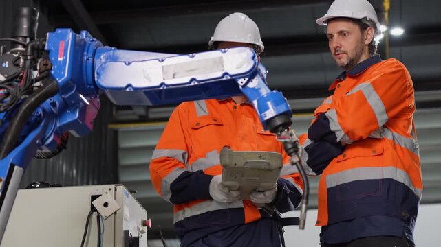 Team of engineers programming robotic arm in manufacturing plant, Technicians operating automated robot machine with controller in factory, Workers collaborating on robotics automation project