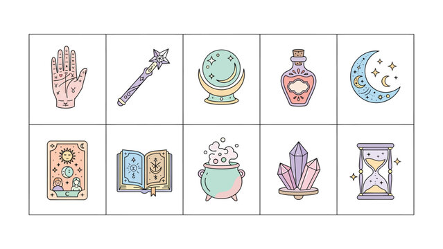 Mystic Symbols Collection: A charming illustration featuring an array of mystical symbols including a palmistry hand, magic wand, crystal ball, potion bottle, crescent moon, tarot card, spellbook.