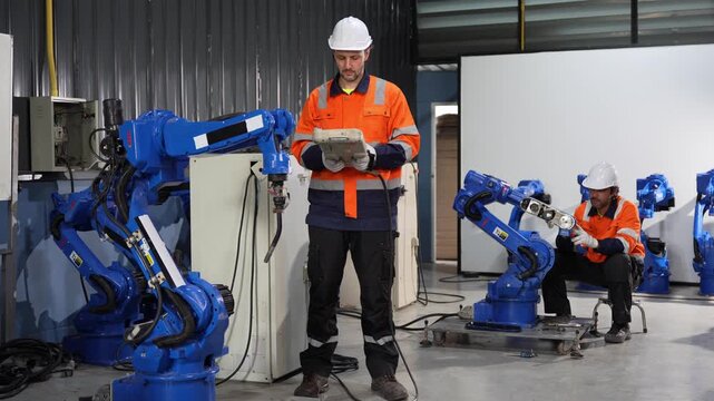 Robotic engineers working with controller and robot arms in factory, automation technicians programming industrial robotic machinery in plant, engineer operating smart factory automated robot arms