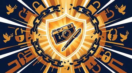 Naklejka premium Press Freedom Vector Graphic Illustration Featuring Camera Pen Shield Broken Chains Padlocks And Doves.