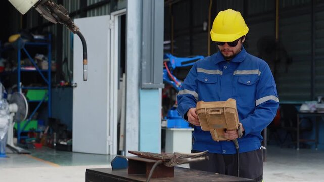 Robotic engineer holding controller programming industrial robot arm in factory, automation technician operating smart factory welding robot with pendant