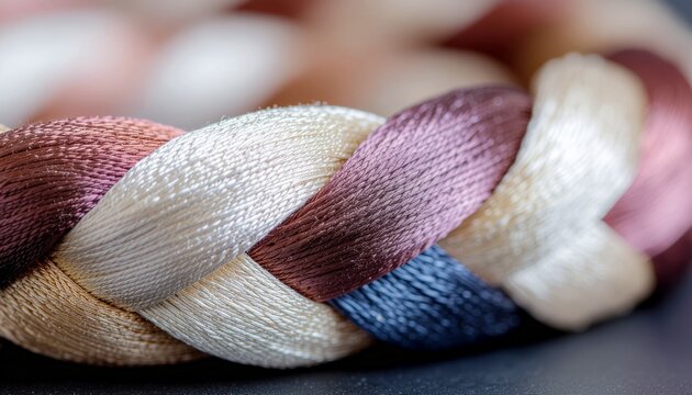 Extreme close-up of a coiled traditional Japanese kumihimo braided cord in soft pastel tones