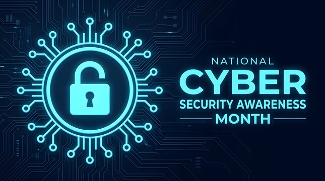 National cyber security awareness month banner with glowing digital padlock and circuit board design
