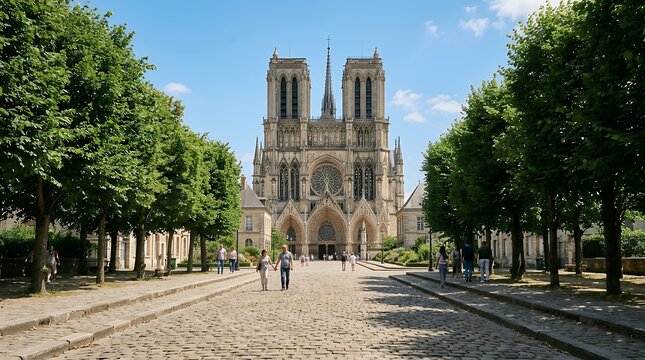 Tree lined cobblestone pathway leading toward majestic historic cathedral under clear skyview pathway trees cathedral path church history architecturescenic landmark temple