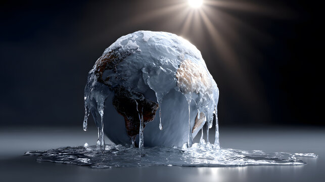 Climate change global warming melting ice planet earth heat sunlight Illustration of planet earth covered ice melting hot sunlight, water dripping and pooling, symbolizing climate change