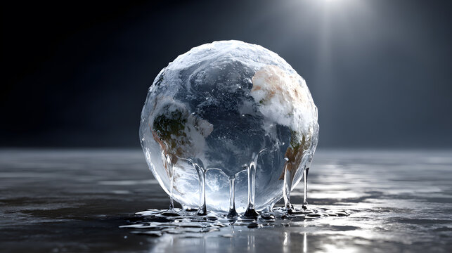 Melting ice Earth climate change global warming water environment pollution concept frozen planet sphere melting into water on dark surface under bright light, dramatic climate crisis illustration