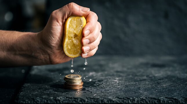 Hand squeezing fresh lemon juice over a stack of coins on a dark stone background
