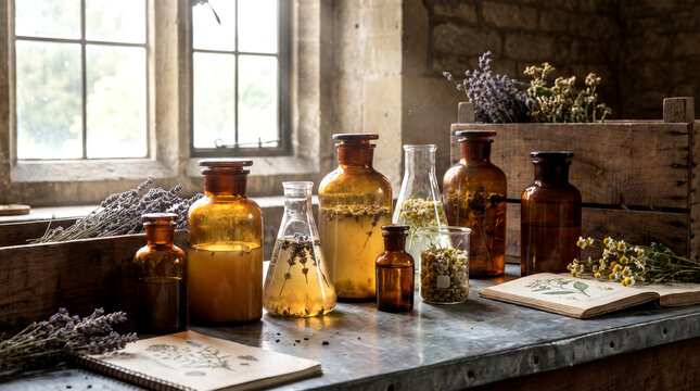Vintage apothecary bottles and herbal infusions on a rustic workshop table.