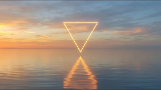 Glowing Triangle Symbol Floating Above Calm Water Reflecting Sunset Sky.
