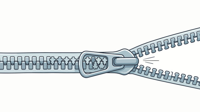 Stylized cartoon zipper illustration showing separation and closure mechanism with clean vector design