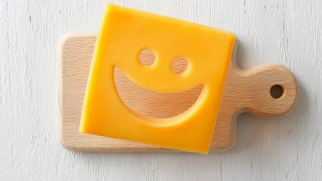 Smiling cheese slice on wooden cutting board with light background