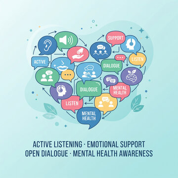 Interconnected speech bubbles forming a heart, representing active listening, emotional support, open dialogue and mental health awareness minimalist 2d flat illustration, Yellow September