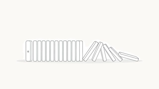 Minimalist line art illustration of falling dominoes showing chain reaction effect on white background