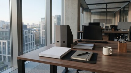 Fototapeta premium Corporate Office Desk with Document Organizer and City Skyline View