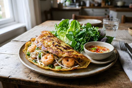 Vietnamesischer B&aacute;nh X&egrave;o mit frischen Kr&auml;utern