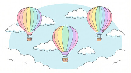 Fototapeta premium Colorful hot air balloons floating in a light blue sky with clouds 