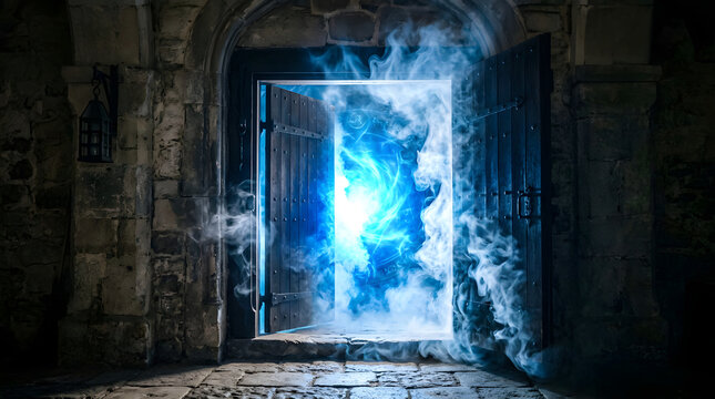 Glowing blue smoke portal inside stone doorway
