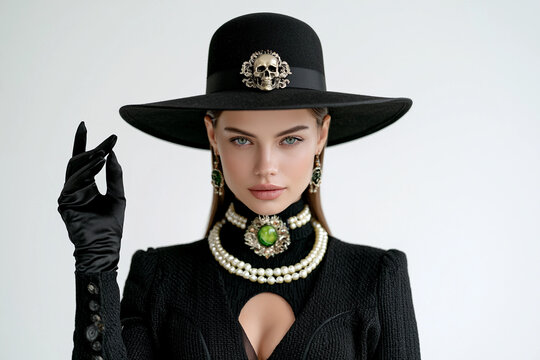 Aristocratic witch in a black funeral suit with a skull on her hat on a white background. Witchcraft, funeral concept. For Halloween. Glamour portrait for poster, banner with copy space 