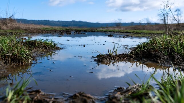 A shallow muddy puddle reflects the blue sky and clouds  surrounded by green grass and distant hills under bright daylight