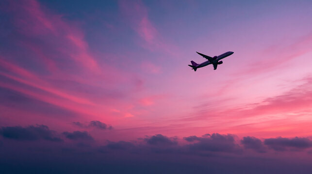 Airplane flying against a vibrant sunset sky with shades of pink and purple, clouds scattered across the horizon creating a dramatic evening atmosphere