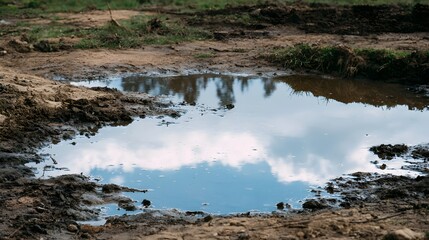 Obraz premium A shallow muddy puddle reflects a cloudy sky surrounded by wet earth and sparse grass in a natural outdoor setting
