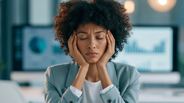 African American woman in gray blazer sitting at desk with hands on head, looking stressed in modern office with charts and graphs displayed on screens in background