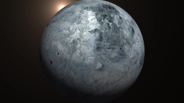 Cinematic 3D render of a Eris dwarf planet in deep space with distant sun lighting.