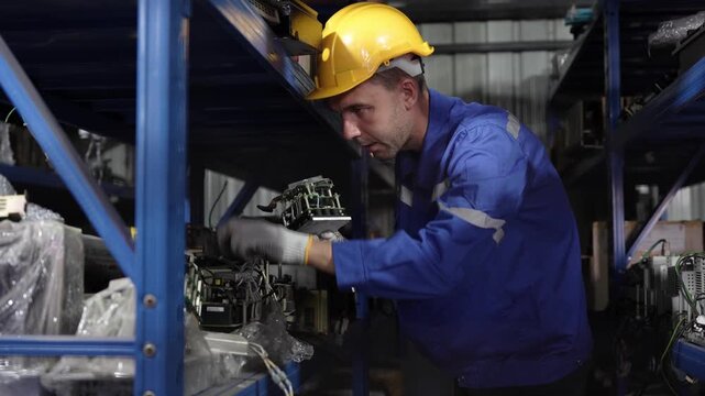 Warehouse worker man in hardhat inspecting electronic components in storage, technician handling circuit board and checking electronic parts on shelves in industrial warehouse