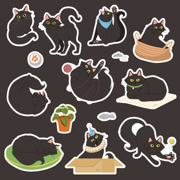 Cute black cat sticker pack funny character element set clipart