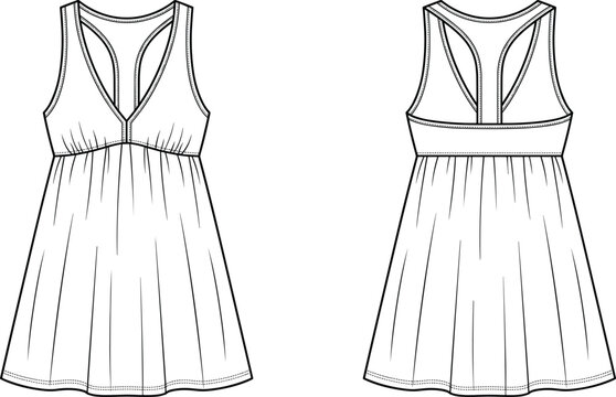 Women sleeveless v-neck racerback gathered mini dress technical fashion flat sketch vector illustration front back view template.