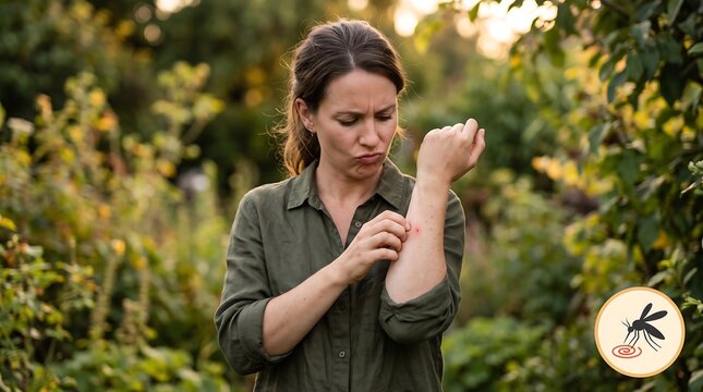 Woman scratching itchy arm from mosquito bite in garden at sunset