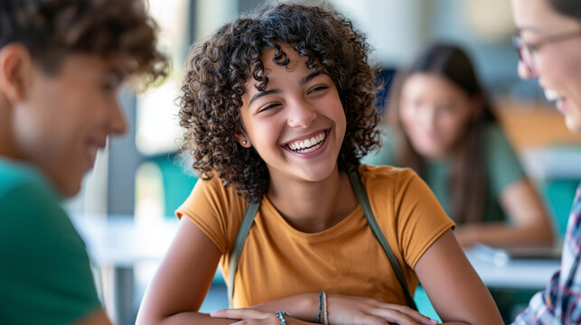 Happy high school students laughing together during lunch break in a modern cafeteria, youth community, friendship, campus lifestyle, with copy space