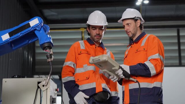 Robotic engineers in safety gear programming industrial robot arm with controller in factory, automation technicians working together on robotic machinery in manufacturing plant