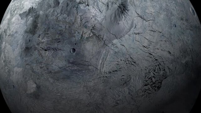 Cinematic view of a Eris alien planet surface rotating in deep space.