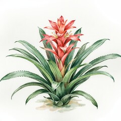 Obraz premium Bromeliad tropical plant with vibrant red bracts and green serrated leaves painted in watercolor for indoor botany display.