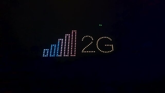 Drone light show displaying mobile network signal strength progression from 2G to 5G