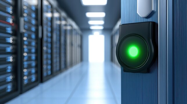 Modern access control reader with glowing green indicator in data center hallway